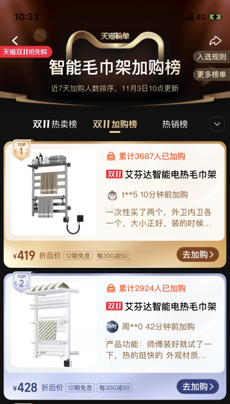 艾芬達(dá)電熱毛巾架雙十一開門紅 天貓抖音雙雙登頂