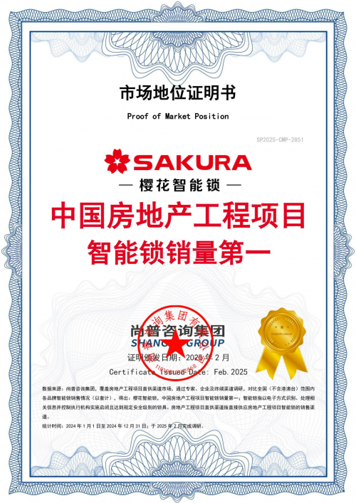 實力奪冠！櫻花智能鎖確定&ldquo;中國房地產(chǎn)工程項目智能鎖銷量第一&rdquo;市場地位